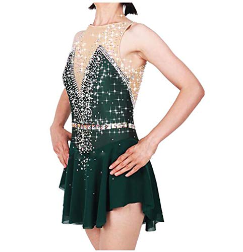 TQ Fille Patinage Robes Vert foncé Spandex, Fil élastique Haute élasticité Professionnel Tenue de Patinage Fait à la Main Mode sans Manches Patinage sur Glace