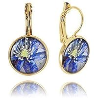 Ohrhänger Vergoldet Stahlblau Graue Blume mit Gelbem Blütenstempel