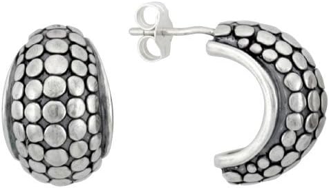 Sterling Silver Half Hoop Bali Style Beaded Post Earrings, 5/8" (16mm) tall