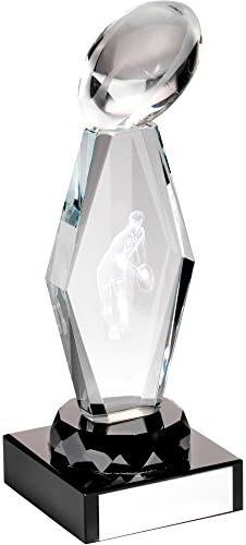 Rugby Ball Trophy - 3D Lasered Rugby Ball on Column with player design and Black Base in presentation box (6")