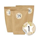 24 bolsas de papel con pegatinas para calendario de Adviento - motivo Estrellas blancas sobre fondo beige - 18