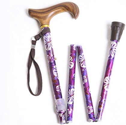 Folding Cane Adjustable Height with Wood Derby-Style Handle for Reliable Mobility Support – Purple Floral Walking Stick