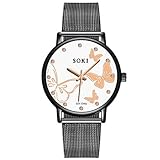 YEARNLY Classic Einfaches Uhr-Damen,Mode Schmetterling Zifferblatt Design,Legierungsriemen, Diamantskala,Ø40mm