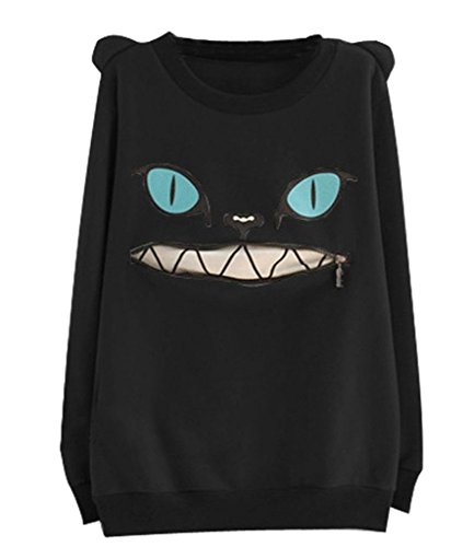OYMMENEY Womens Cat Face Sweatshirt Zipper Mouth Jumper Pullover Sweater Top