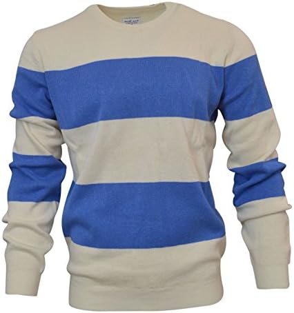 Ex Urban OutfittersUrban Outfitters Mens Ivory Blue Bold Stripe Pure Cotton Casual Jumper Size Small