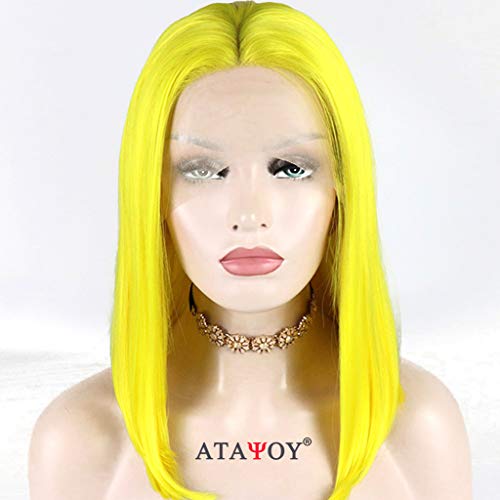 ATAYOU® Short Straight Yellow Synthetic Bob Lace Front Wigs for Women + 1 Wig Cap