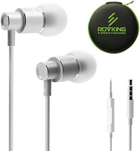 ROVKING Metal Noise Isolating In Ear Headphones with Microphone and Case Lightweight Bass Wired Eabud Earphones with Handsfree Remote for iPhone iPod iPad mp3 Android Samsung Cell Phones (Silver)