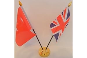 UKFLAGSHOP Turkey Turkish Union Jack 2 Flag Friendship Desktop Table Centrepiece Flag Flags With Gold Base Ideal For Party Conferences Office Display