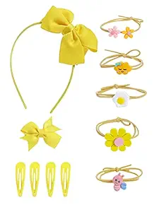 Yellow Chimes Set of Hair Accessories Set of Bow Hair Band, 1 PCS Bow Hair Clips, 4 PCS Tic-Tac Hair Clips and 5 PCS Rubber Bands Pony Holders for Girls and Kids, Meduim (YCHASET-KD001-YL)