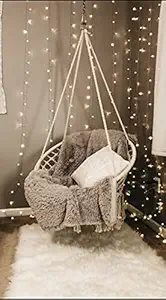 Jairi Make in India Round Cotton Home Swing & Hammock Chair with L-Shape Cushion and Hanging Kits (145 cm X 57 cm X 43 cm, White, 100 kgs Capacity)