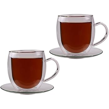 OJA Doppelwandige Glas-Kaffeetassen 370 Ml – 2 Stück Mit Untersetzern, Aus Borosilikatglas, Mikrowellengeeignet