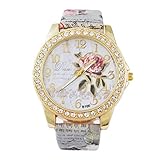 Souarts Damen Weiß Eiffelturm Strass Armbanduhr Quartz Analog mit Batterie (Blumen)