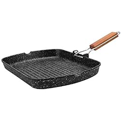 Kamberg - 0008016 - Poêle Grill 34 x 24 cm - Manche Rabattable en bois - Fonte d'Aluminium - Revêtement type pierre - Tous feux dont induction - Sans PFOA