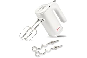 Girmi SB04 Batteur électrique 150W, 5 vitesses, fonction Turbo, fouets et crochets en inox pour crème, blancs d’œufs, pâtes sucrées et salées, blanc