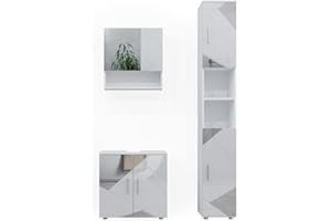 ‎VICCO Vicco Badmöbel-Set Weiß Hochglanz mit Einsätzen Irma, bestehend aus Bad Spiegelschrank, Waschbeckenunterschrank, Hochschrank - Versteckter Stauraum hinter eleganten Türen
