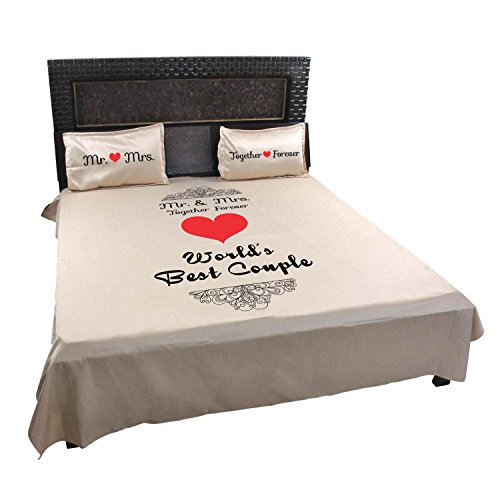 YaYa cafe Poly Cotton Mr Mrs Worlds Best Couple Bedsheet for Husband and Wife with 2 Pillow Covers (Beige)