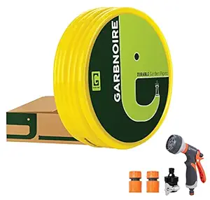 garbnoire 15 Meter 0.5 Inch PVC Heavy Duty Garden Pipe| Hose With Quick Connector, Tap Adapter & 8 Pattern Water Spray For Multi Functional Gardening, Cleaning Outdoor, Indoor Use- Yellow (15 Meter (49.2 Feet))