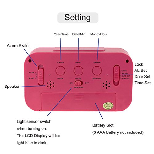 Konigswerk 5.3″ Smart, Simple and Silent LCD Digital Alarm Clock w / Date Display, Repeating Snooze and Sensor Light + Night Light (Pink) - 3