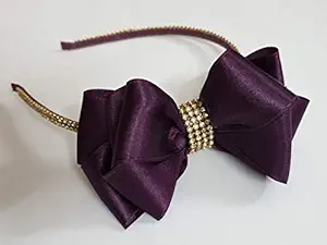 Belleza Crafting with Creativity Dark Purple/Jamun Color Bow Hairband with Golden Crystal Stone Lace (Pack of 1)