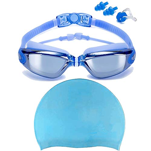 LOLOMODA Gafas de natación + Silicona Gorro de baño, incluir Enchufe de oído + Clip de Nariz, Ajustable, para Hombres Mujeres, Adultos, Niños de la Juventud, Niño