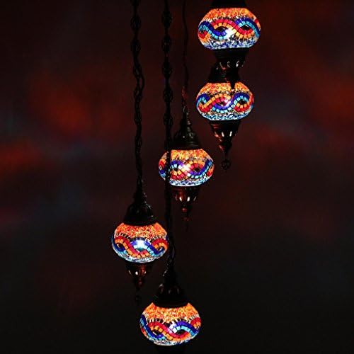 Multicolor Handmade Turkish Moroccan Style Mosaic Hanging Lamp Helix Chandelier with 5 Medium Size Globes