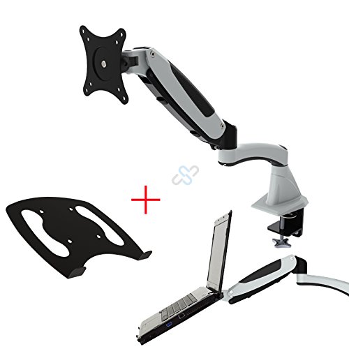 HFTEK® GM112F+D15 Monitor Standfuß Halter Tischhalterung Stand für TFT LED LCD Bildschirm Monitor 15 17 19 20 21 22 23 24 27 32 Zoll mit VESA 75 / 100 + Tablet Laptop Notebook Halterung (GM112F+D15 Weiß)