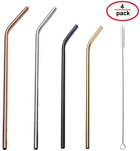 Reusable Stainless Steel Straws, 4 Pack Colorful Bent Long Drinking Coffee Food Grade Juicy Metal Curved Straws, Holiday Gifts, Fit 20 oz/30 oz Yeti Tumbler Rambler Cups with Cleaning Brush By Beruth