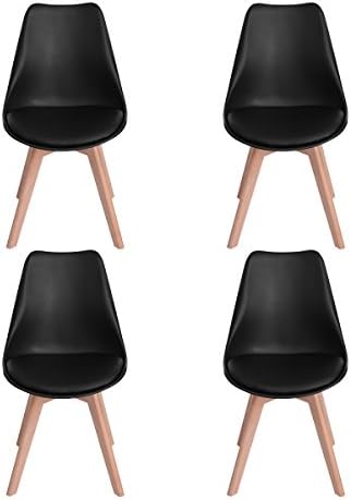 Ajie Set of 4 Tulip Dining Chair Solid Wood Beech Legs with Cushioned Pad Contemporary Designer for Office Lounge Dining Kitchen - Black