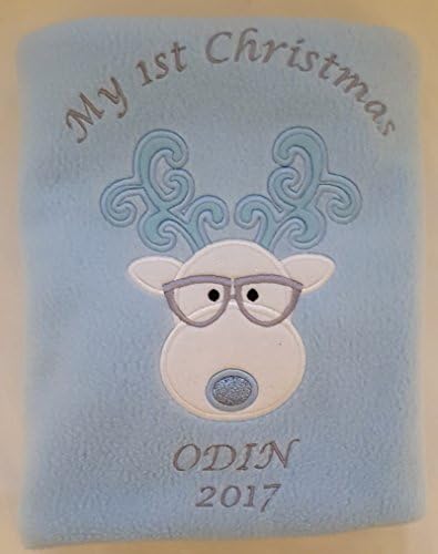 Baby Boys Personalised 1st Christmas Glasses Reindeer Super Soft Fleece Blanket (Blue)