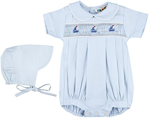 Mafana Kids Boys Cotton Romper and Bonnet Set With Smocked and Embroidered Panel To Front Of Romper (3-6 Months, Blue With Yachts)