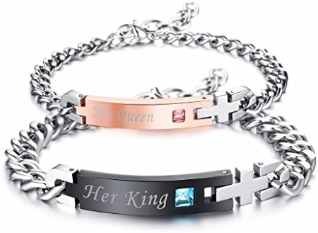 His Hers Matching Set Titanium Stainless Steel His Queen Her King Couple Bracelet 2 pcs with Gift Bag