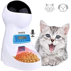 Iseebiz Distributeur Automatique Croquettes et Nourriture avec Enregistrement Sonore 10 Secondes 4 Repas Ecran LCD Minuterie Programmable pour Chats/Chiens