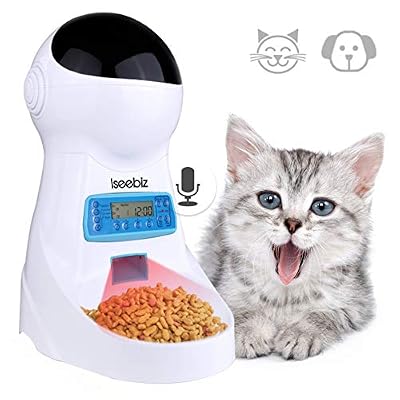 Iseebiz Distributeur Automatique Croquettes et Nourriture avec Enregistrement Sonore 10 Secondes 4 Repas Ecran LCD Minuterie Programmable pour Chats/Chiens