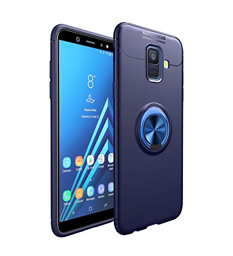 Coque pour Samsung Galaxy A6 2018 Housses étuis 2 en 1 Antidérapant TPU Silicone Protecteur Souple Ultra-mince Étui Arrière en PC Coque avec Magnétique Métal Anneau Boucle- Bleu et Boucle Bleu