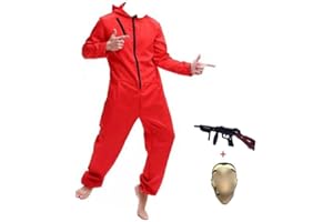 Yigoo Karneval Halloween Bankräuber Fasching Kostüm Overall mit Maske Cosplay für Herren,Damen Erwachsene Rot