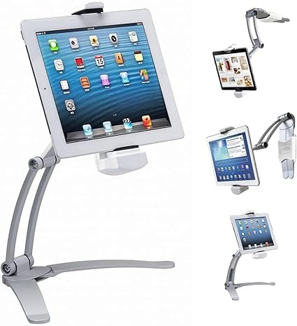 EYUVAA LABEL Foldable 3 in 1 Universal Aluminium Tablet & Mobile Stand 360° Rotating Stand, Phone and iPad Stand with Multi Angle Adjustable Mount for Wall, Desktop, Under Cabinet (White, Pack of 1)