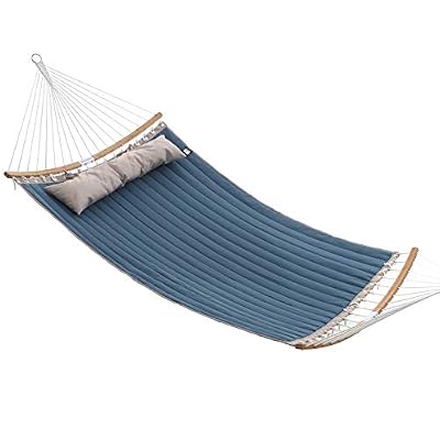 SONGMICS Double Hamac rembourré, avec Barres de Protection incurvées Amovibles en Bambou, avec Oreiller, Tissu Oxford, 200 x 140cm, Charge Max 225 kg, Bleu et Beige GDC34QW