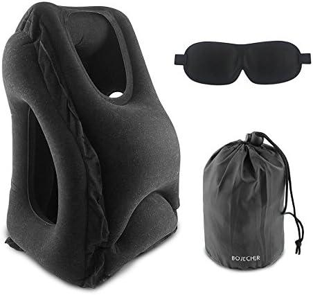 BOJECHER Travel Airplane Pillow Portable Inflatable Pillows Soft PVC Flocking Neck Head Rest Pillows for Car, Train, Bus ,Office and Camping (Black)