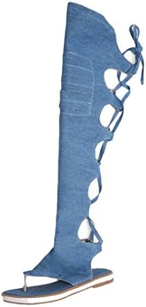 AIYOUMEI Summer Gladiator Sandals Boots Knee High Lace up Boots Cut Out Flat Strappy Sandals