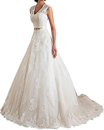 XUYUDITA V Neck Keyhole Back Lace Appliques Bride A Line Wedding Dress 2017 Ivory-UK12