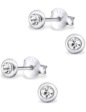 2 Paar Kleine 925 Silber Ohrstecker Ohrringe mit Zirkonia hell 4mm für Damen, Herren, Kinder und Jugendliche