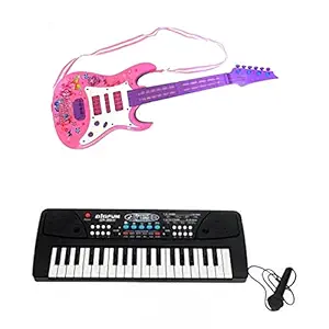 Combo of 37 Key Piano Keyboard Recording and Mic & Light and Music Pink Guitar for Kids