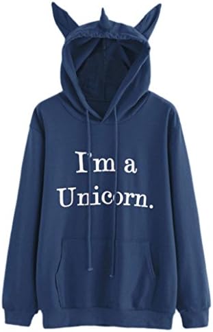 Womens Hoodie, Quistal Ladies Unicorn Hat Long Sleeve Sweatshirt Letter Printing Hooded Pullover Tops Fashion Loose Cute Sweater Hoody Oversized Hoodie Gap Brown Hoodie Ladies Gym Tops (UK 10, Blue)