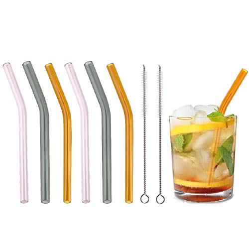 KaraLuna Lot de 6 pailles en Verre + 2 brosses de Nettoyage I 15 cm Longueur I courbé I Multicolore I Home