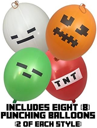 Punch Balloons - Pixel Miner Style Kid's 16-inch (8-Pack) - Includes Green Zombie, White Skeleton, Red TNT, Orange Jack O Lantern