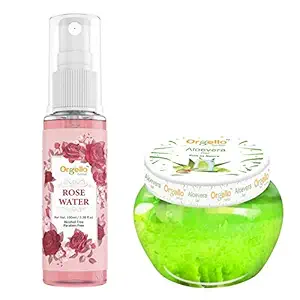 Orgello Herbal Rose Water Spray Mist Toner Gulab jal (100 ml ) + Aloe Vera Gel Jar ( 100 gm ) - Pack Of 2 - for men women girls boys normal oily dry skin sls paraben mineral oil free