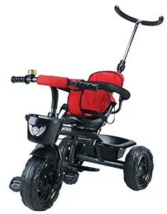 JoyRide Learn-to-Ride Trike on 3 Wheels with Safety Harness, Non-Slip Pedal,Storage Basket and Removable Parent Handle, Black, Red