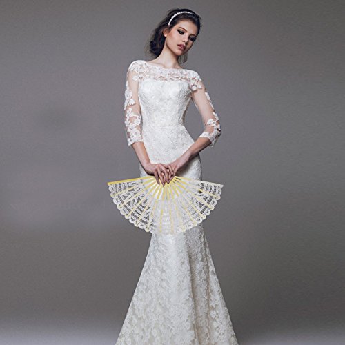 KAKOO Spitzenfächer Hand Fächer mit Buttenburg Spitze und Bambusgriff Gothic Design Für Hochzeit Kostume Tanzen Feste(Weiß) - 2