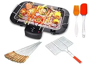 Ghime Barbeque Grill Electric Smokeless Indoor/Outdoor Grill Adjustable Temperature Control, 2000W with 12 Pcs Barbeque Skewer and Grill Net Basket and Spatula & Oil Brush - Black- Black