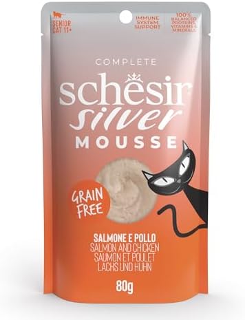 Schesir Silver, Salmone in Mousse, Alimento Umido Completo per Gatti Anziani, Grain Free, Supporta il Sistema Immunitario, Ricco di Idratazione, 12 x 80 g